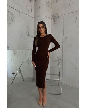 Hiccup Round Neck Slit Long Sleeve Maxi Dress - Grey