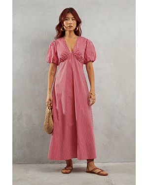 Warehouse Stripe Volume Sleeve Midi Dress - Pink