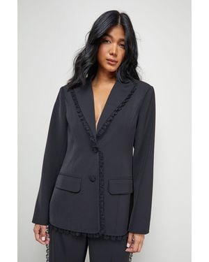 Warehouse Oversized Lace Frill Trim Single Breasted Blazer - Blue