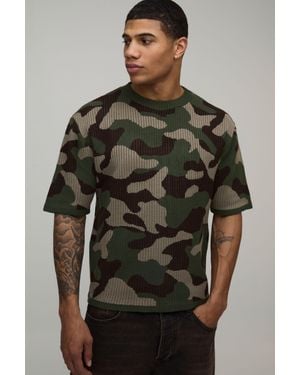 BoohooMAN Boxy Fit Camo Knitted T-Shirt - Green