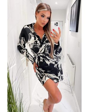 AX Paris And Cream Marble Print Wrap Shirt Mini Dress - Black