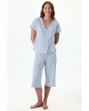 Penti Sky Pointel Polka Dot Short Sleeve Capri Pyjama Set - Blue