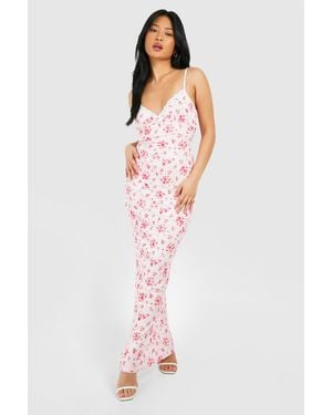 Boohoo Petite Lace Trim Ditsy Floral Rib Maxi Dress - Pink