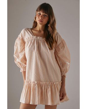 Warehouse Seersucker Check Frill Balloon Sleeve Mini Smock Dress - Brown