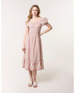 Blue Vanilla Border Print Puff Sleeve Midi Dress - Pink