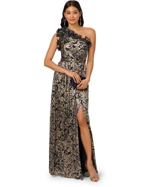 Adrianna Papell One Shoulder Crinkle Gown - Metallic
