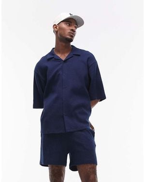 TOPMAN Relaxed Fit Waffle Button Through Jersey Shirt - Blue