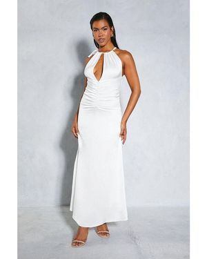 MissPap Satin Halterneck Ruched Front Maxi Dress - White