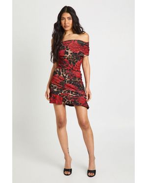 Boohoo Tall Floral Asymmetric Ruched Mini Dress - Red