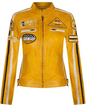 Infinity Leather Biker Racing Badges Jacket-Agadir - Yellow