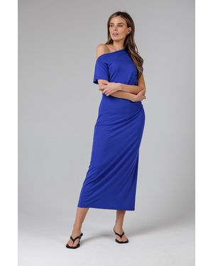 French Connection Ruched Boat Neck Short Sleeve Midi Dress - Blue