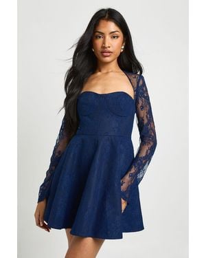Boohoo Lace Structured Mini Skater Dress - Blue