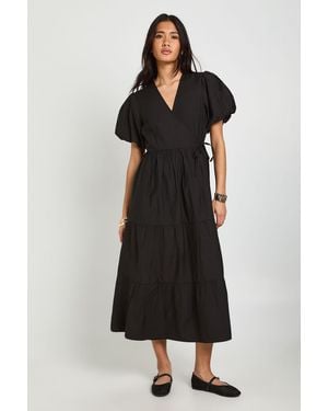 Boohoo Textured Wrap Front Volume Sleeve Midaxi Dress - Black