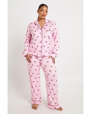 Boohoo Plus Heart Cherry Print Long Sleeve Shirt & Trouser 3 Piece Pyjama Set - Pink