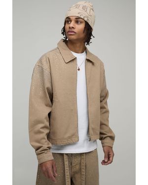 BoohooMAN Washed Boxy Rhinestone Denim Jacket - Natural