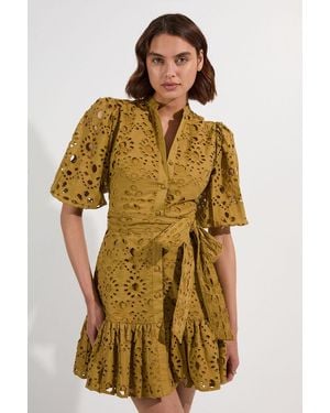 Karen Millen Cotton Broderie Woven Tie Waist Mini Dress - Yellow