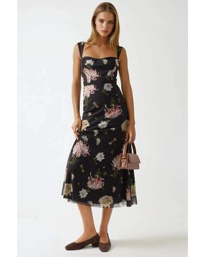 Hiccup Patterned Maxi Dress With Heart Collar - Black