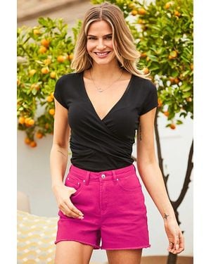 Sosandar Hot Raw Edge Denim Shorts - Pink