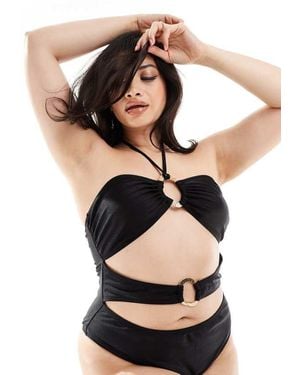 South Beach Curve Buckle Cut Out Front Halter Swimsuit - Black