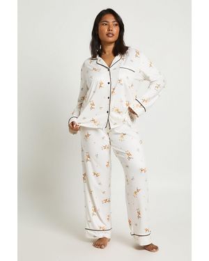 Boohoo Plus Dear Print Long Sleeve Shirt & Trouser Pyjama Set - Natural