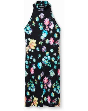 Desigual Floral Print Ribbed Mini Dress Halter Neck Sleeveless - White