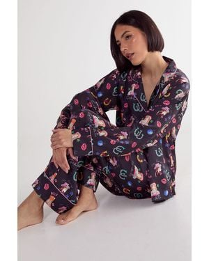 Nasty Gal Satin Western Conversational Contrast Piped Pyjama Trousers Set - Black