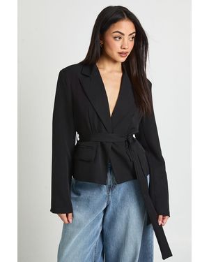Boohoo Tie Waist Boxy Blazer - Black