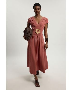 Karen Millen Shirred V Neck Belt Detail Woven Maxi Dress