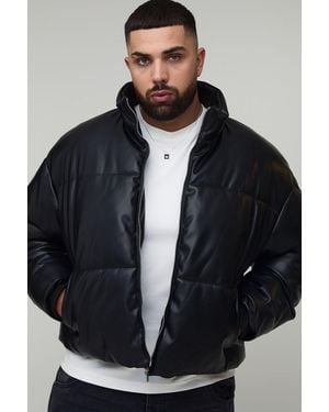 BoohooMAN Plus Boxy Curved Hem Pu Puffer Jacket - Black