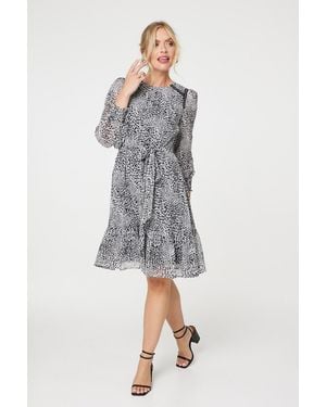 Izabel London Animal Print Long Sleeve Dress - Grey