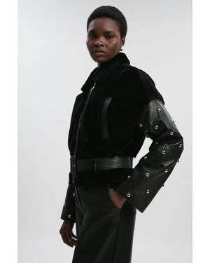 Karen Millen Shearling & Leather Mix Studded Biker Jacket - Black