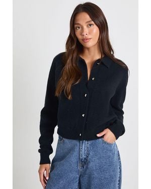 Boohoo Heart Button Collared Knitted Cardigan - Blue