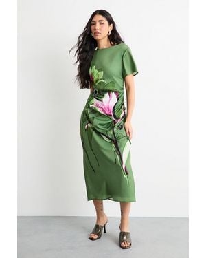 Warehouse Floral Printed Drawstring Waist Short Sleeve Midi Dress - Green