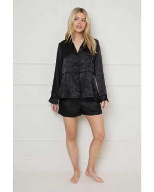 Oasis Jacquard Bow Detail Satin Pyjama Short Set - Black