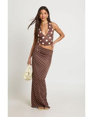 Boohoo Tonal Polka Dot Halter Maxi Dress With Cutwork Waist - Brown