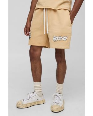 BoohooMAN Relaxed Moto Graphic Washed Shorts - Natural