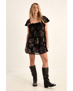 Nasty Gal Devore Floral Cap Sleeve Lace Trim Floaty Mini Dress - Black