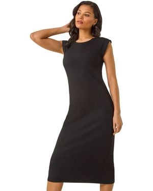 Roman Ribbed Cap Sleeve Midi Dress - Black