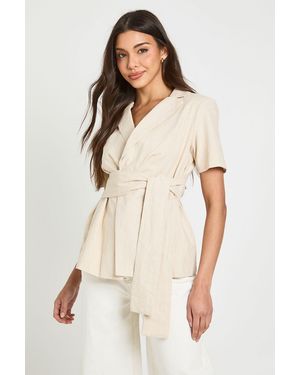 Boohoo Linen Look Tie Side Short Sleeve Blazer - Natural