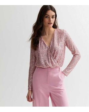 Gini London Sequin Wrap Long Sleeves Bodysuit - Pink