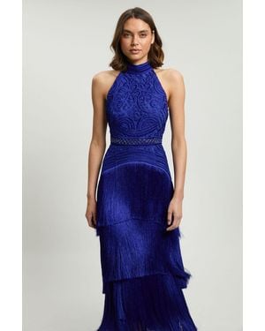 Karen Millen Fringed Beaded Halter Neck Woven Maxi Dress - Blue