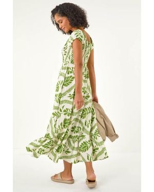 Roman Leaf Print Shirred Maxi Dress - Green