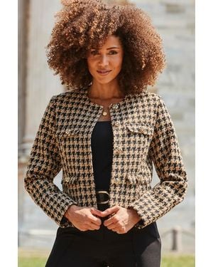 Sosandar Natural Dogtooth Boucle Collarless Jacket - Brown