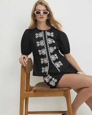 River Island Top Poplin Short Sleeve Embroidered Cotton - Black