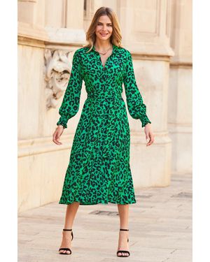 Sosandar Print Cuffed Sleeve Midi Shirt Dress - Green