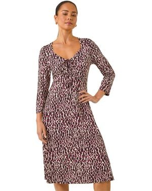 Roman Petite Animal Print Ruched Stretch Midi Dress - Red