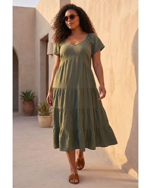 Roman Curve Pebble Crepe Tiered Midi Dress - Green