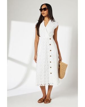 PRINCIPLES Ivory Wrap Front Button Detail Midi Broderie Dress - White