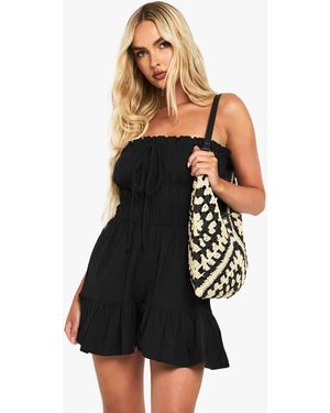 Boohoo Cotton Blend Shirred Romper - Black