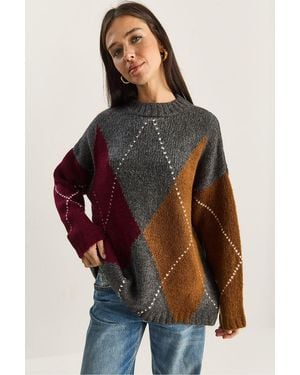 Bianco Lucci Oversized Knitted Diamond Pattern Jumper - Brown